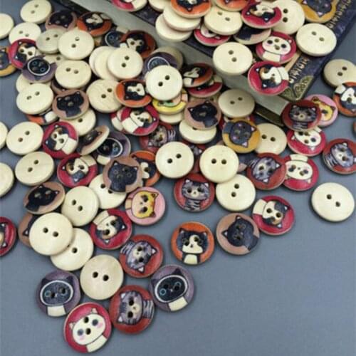 DIY 100pcs Crafts Mixed Natural Cartoon Cats 2 Hole Button Buttons 15mm