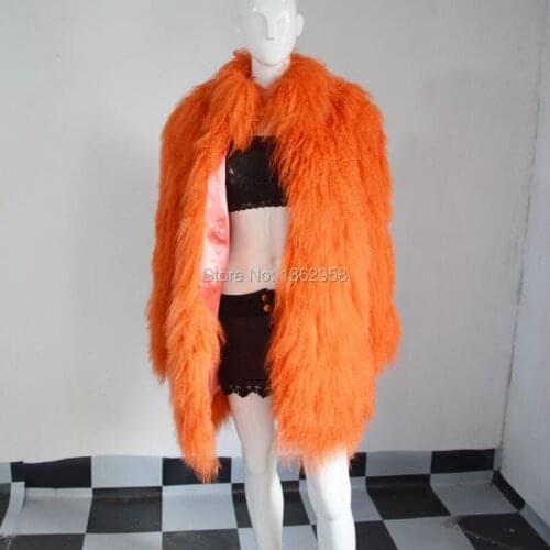 SJ001 Orange Colored Super Quality Tibet Sheep Fur Overcoats Ukraine Design Long Haired Coat