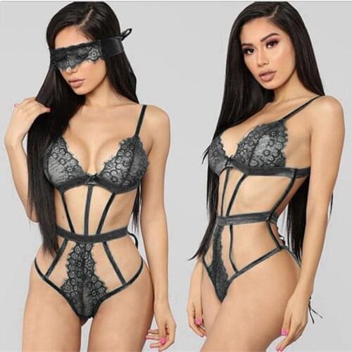 Sexy Lace Bodysuits Women Hollow Out Lingerie Bodysuits Sling Exotic Apparel With Lace Eye Mask Two-Piece Suit