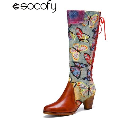 SOCOFY Women Shoe Genuine Leather Butterfly Embroidery High Boots Heels Pointed Head Chunky Heel Zipper Retro Mid-calf Boots