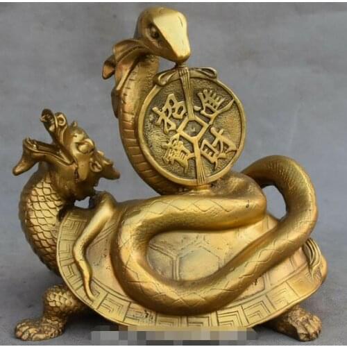 Unique Chinese Pure Bronze Tortoise Dragons Loong Snake Wealth Money Statue