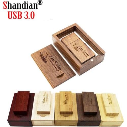 SHANDIAN USB 3.0 Wooden usb+wood BOX usb flash drive pendrive 4GB 8GB 16GB 32GB 64GB wedding Photography gift free custom logo