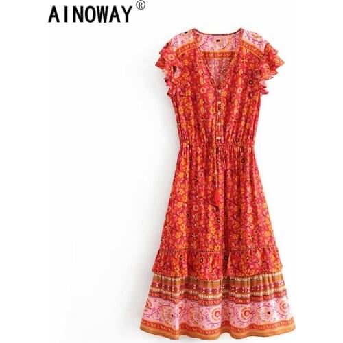 Vintage chic women hippie floral print tassel deep V-neck rayon Bohemian maxi dress ladies sleeveless Boho dresses vestidos