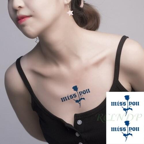 Waterproof Temporary Juice Ink Sticker Rose Flower "Miss You "English Sentence Fruit Gel Long Lasting Tattoo for Men Women