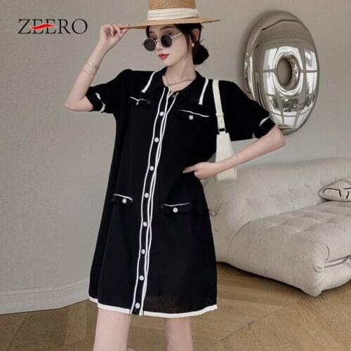 Knit Women Dress Vintage Black White Dress For Women Lapel Collar Puff Short Sleeve Single Breasted Mini Dresses Female Clothes