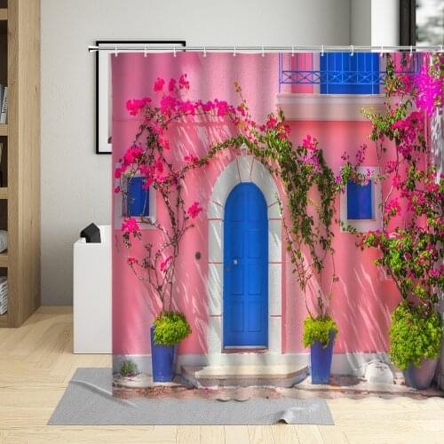 Retro Door Window Shower Curtain Greek Town Street View Flower Window Pattern Bathroom Decor Polyester Curtains Sets With Hooks