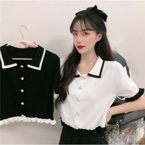 T Shirt Women Button Butterfly Sleeve Summer New 2021 Femme Tops Office Lady Solid Turn-down Collar Short Sleeve Female Tees