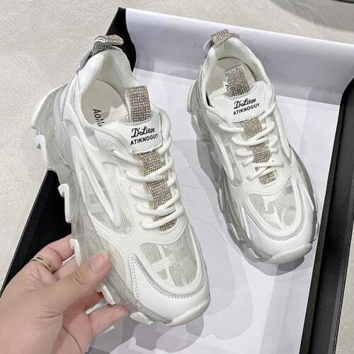 Leather And Mesh Upper Women Chunky Sneaker 2021 Crystal Bottom Sport Shoes Fashion Casual Platform Sneakers Summer
