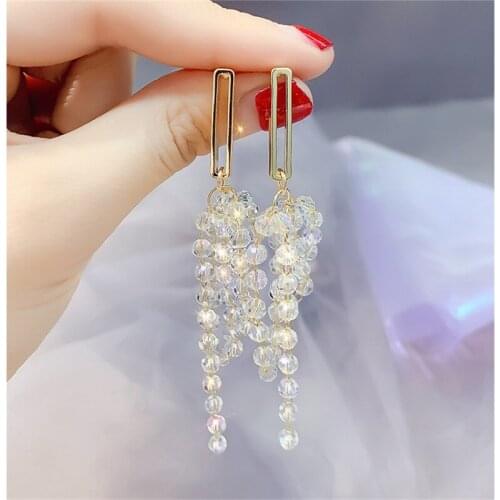 Long Tassel Crystal Beads Drop Earring for Women Bijoux Exquisite Geometric Dangle Earrings Statement Earrings Jewelry