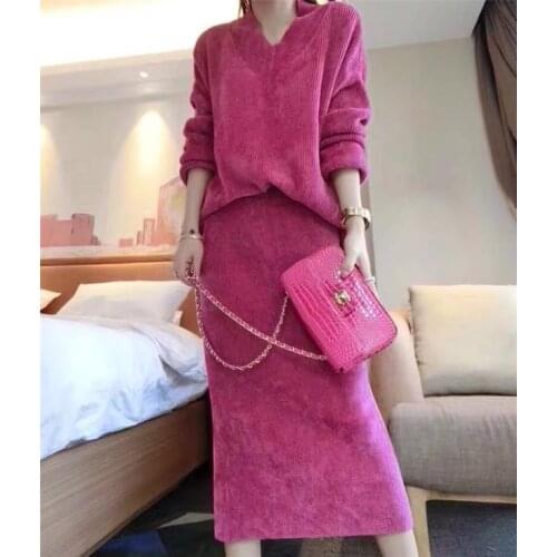 2021 Spring And Autumn New Fashion V Neck Loose High Quality Snow Fluffy Suit Noble Temperament Skirt Female Two Piece Women Set