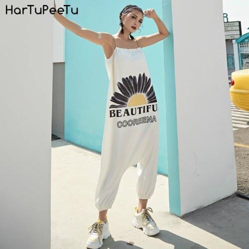 Women Fashion Jumpsuit with Metal Chain Strap 2020 Summer Baggy Overalls Plus Size 4 Colours Harajuku Hip Hop Print Daisy Letter