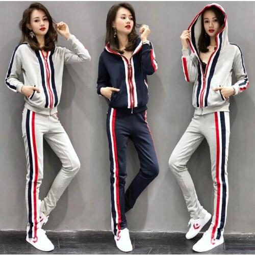 Womens Hot Sale Full Sports Suit 2020 New Fashion Western Style Striped Hooded Sweater And Casual Pants 2-piece Set Large Size