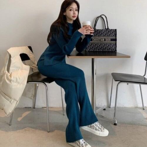 2021 Autumn winter fashion casual women thick slim two-piece split knit sweater + trousers suit
