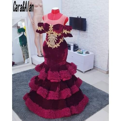Two Pieces Aso Ebi Burgundy Prom Dresses with Detachable Skirt Afrcian Mermaid Evening Gowns Velvet robe de soirée de mariage