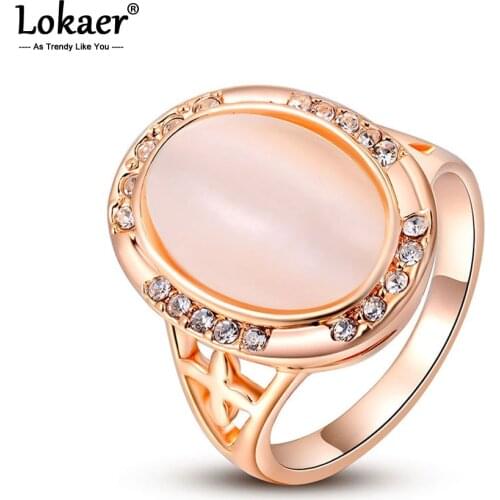 Lokaer Trendy CZ Crystals Bohemia Party Rings For Women Rose Gold Oval Pink Opal Stone Vintage Ring Jewelry L2010221350
