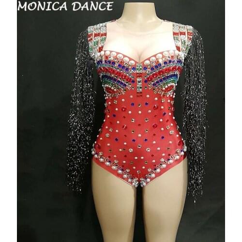 Women Sexy Red Bodysuit Full Colorful Sparkling Crystals Pearls Nightclub Party Stage Wear Dancer Singer Bling Dance Costumes