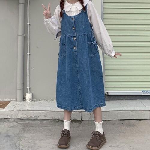 Japanese Vintage Denim Strap Dress Women Preppy Spring Sweet Sleeveless Jean Overalls Soft Girls Cute Casual Bandage Long Dress