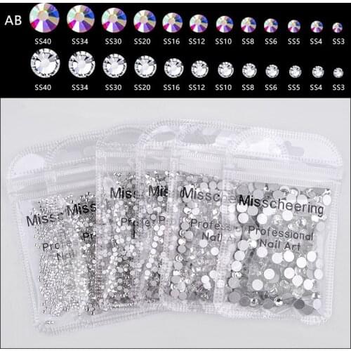 1440Pcs Super Glitter ss3-ss10 Crystal AB Flat Back Non HotFix Nail art Rhinestone 3D Glass Nail Art Decorations Rhinestone