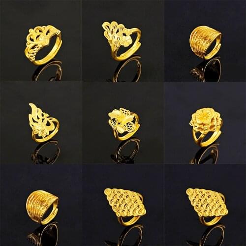 24K Gold Rings for Women Copper Round Girl Finge Ring 2021 Fashion Wedding Vintage Indian Jewelry Valentines Day Gifts Wholesale