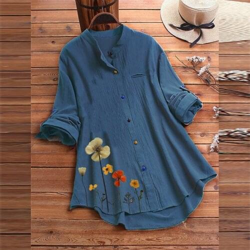 Girls Loose Blue Flower Blouses Women Floral Print Shirt Long Sleeve Stand Collar Button Up Top Linen Shirts Plus Size 4xl 5xl