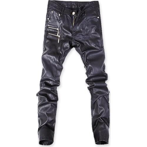 High Quality Mens Leather Pants New Fashion Boutique Men Tight Motorcycle Trousers Mens Personality Zipper Decoration Men Pant