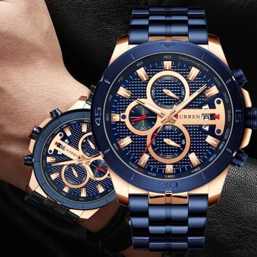 CURREN New Blue Fashion Business Clock Mens Watches Top Brand Luxury All Steel Waterproof Quartz Gold Watch Relogio Masculino