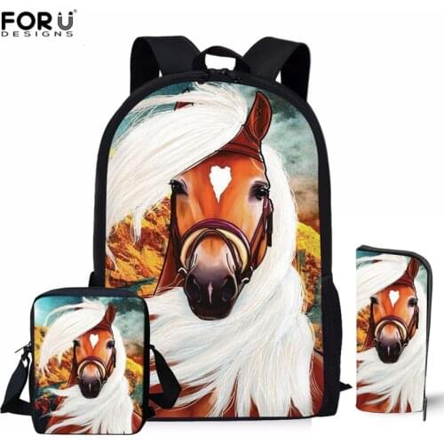 FORUDESIGNS Horse 3D Printing Women Children Backpacks Pencil Bag 3Pcs/set Portfolio School Bags For Boys Girls Bookbag Satchel