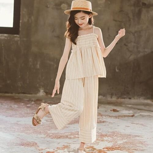 4 To 15 Years Big Girls Clothing Set 2021 Summer Striped Kids Girl Blouses Vest And Pants Teens Children Set Baby 2 Pieces Suits