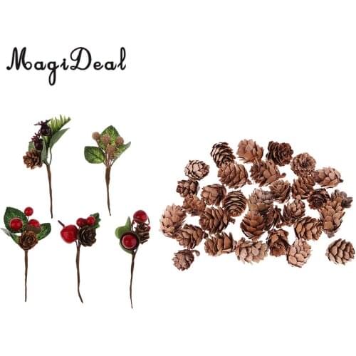 30x Mini Small Natural Dried Pine Cones & 5x Artificial Flower Berries Pine Cones Bouquets for Christmas Decoration or Craft