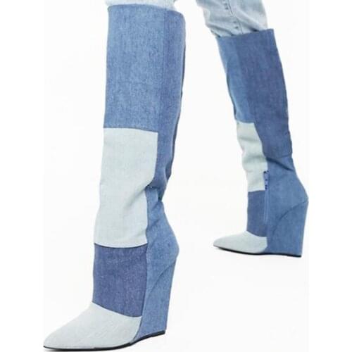 Newest Woman Patchwork Jeans Wedge Knee High Boots Female Pointed Toe Slip On Long Boots Shoes Big Size 46 Small Size Girls