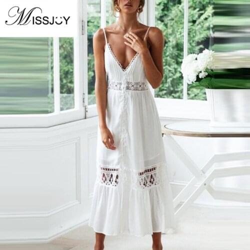 MISSJOY Women Long Dresses 2019 Summer Beach Sexy V-Neck Backless Spaghetti Strap Casual Loose White Hollow Split Female Party