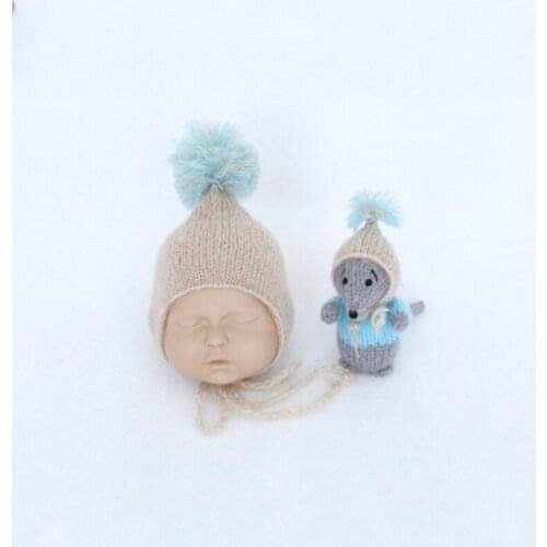 Newborn Baby Photography Props Cute Animal Costume Knit Hat+Mini Mouse Toy Doll Set Shooting Baby Photo Prop Accessories