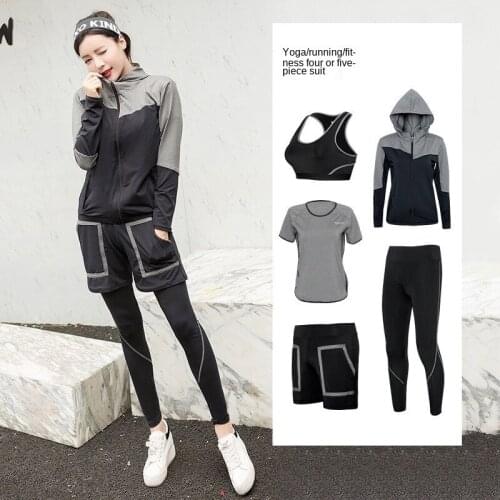 Gym sports kit womens large size loose-fitting thin yoga suit five-piece set autumn and winter running fast dry Korea