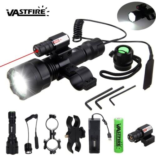 200 Yards Tactical Hunting Flashlight C8 LED Rifle Gun Light+Laser Dot Sight Scope+Switch+2*20mm Rail Barrel Mount+18650+Charger