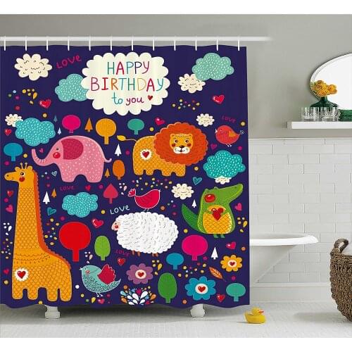 Birthday Decorations for Kids Shower Curtain Cartoon Safari Animals with Hearts Flowers and Clouds Home Decor Bath Curtains