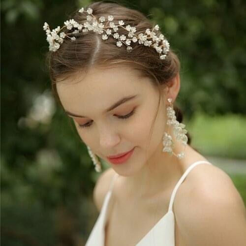 Tiny White Flower Bridal Hair Wreath Vine Pearls Women Jewelry Hand wired Wedding Prom Hair Tiara Headband Accessories