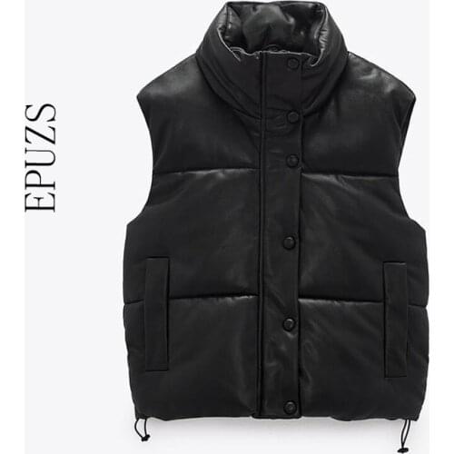 Spring Black Warm Vest parka women Casual Zipper Faux Leather Jacket sreaatwear Punk korean outwear 2021