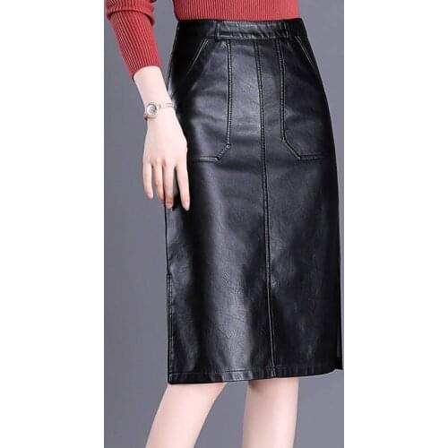 Winter Autumn Casual Womens Office Lady High Waist Placket Pu Leather Black Pencil Skirt , Fall Korean Slim 4xl Skirts for Women