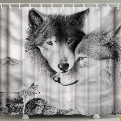 Black and White Wolf Print Pattern Shower Curtain Bathroom Decoration Curtains Waterproof Non-Slip Customized Home Decoration