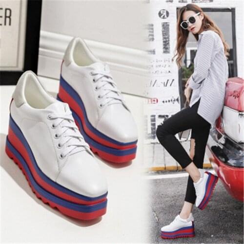 Brand high quality women creepers casual shoes patent leather platform Wedge shoes fashion sexy square toe 7.5cm Pumps shoes
