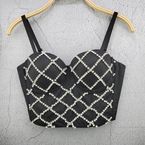 Cupnaya Rhinestones Women Crop Top Spaghatti Strap Bustier Sexy Push-Up Dance Clubwear Designer Corset Bralette Black White