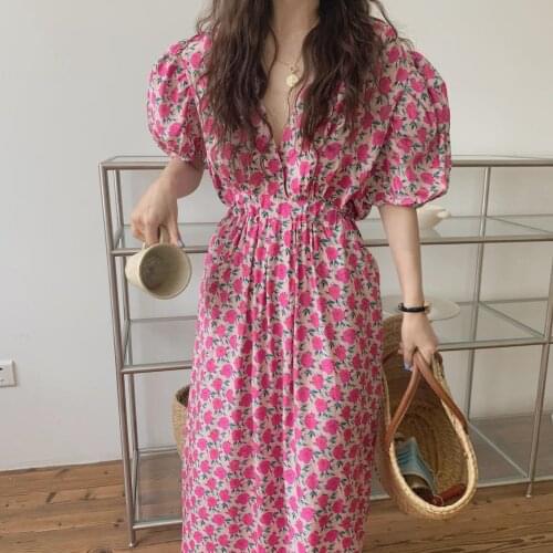 Women Dress Summer 2021 Sexy V Neck Retro Bubble Sleeve Floral Dress Print Boho Short Sleeve A Line Mini Dress Robe Vestidos