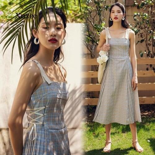 Drawstring Lace Up Bowknot Midi Dress Women a Line Square Collar Sling Sleeveless High Waist Female Sweet Fashion New Dresses