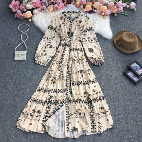 Autumn 2021 New Temperament Shirt Dress Long Sleeve Retro Slim Print Over-The-Knee Holiday Dress Vintage Maxi Female Robes L21