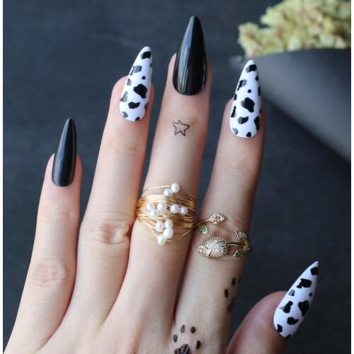 Cow print false nails stiletto gel long Fake Nails spot Personality fashion black and white classic 24pcs full sets