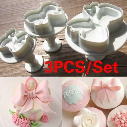 3Pcs Bow Plunger Bowknot Shape Cake Cookies Decorating Fondant Icing Cutter Tool