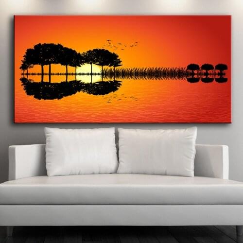 Nordic Abstract Lake Trees Birds Guitar Shape Landscape Art Print Posters Canvas Painting Gold Sun Wall Picture For Living Room