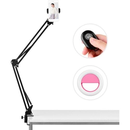 Andoer Adjustable Metal Stand Suspension Scissor Arm Bracket + Phone Holder + Ballhead Adapter + Mini LED Light + Remote Control