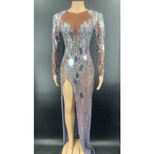 Shining Rhinestone Sequins Long Dress for Women Sexy Mesh Perspective High Split Birthday Celebrity Part Dress Singer Stage Wear