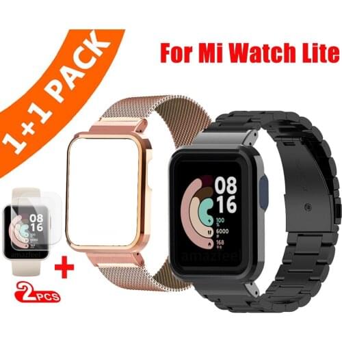 Stainless Steel Bracelet with Metal Case Protector For Xiaomi Mi Watch Lite Strap Wristband Frame Bumper For Mi watch Lite Film
